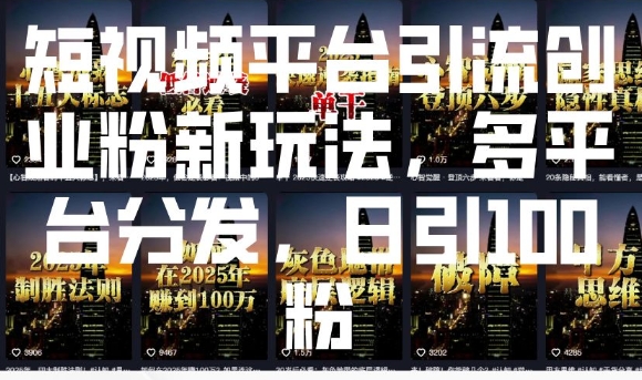 短视频平台引流创业粉新玩法，多平台分发，日引100粉-小鹏项目网