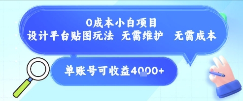 0成本小白项目，设计平台贴图玩法，无需维护，无需成本，单账号单月可产生收益4k+-小鹏项目网