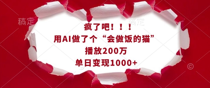 疯了吧！用AI做了个“会做饭的猫”，播放200万，单日变现1k-小鹏项目网
