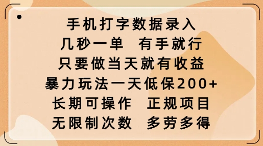 手机打字数据录入，几秒一单，有手就行，只要做当天就有收益，暴力玩法一天低保2张-小鹏项目网