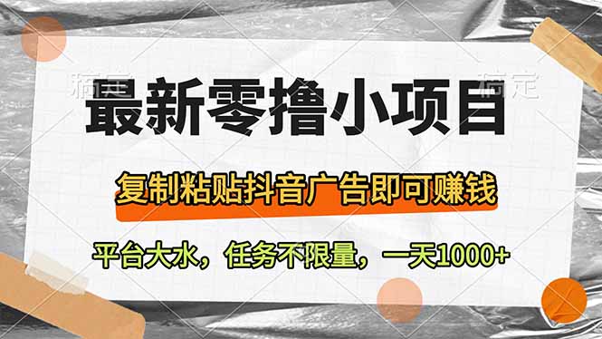 最新零撸小项目，复制粘贴抖音广告即可赚钱，平台大水，任务不限量，一…-小鹏项目网