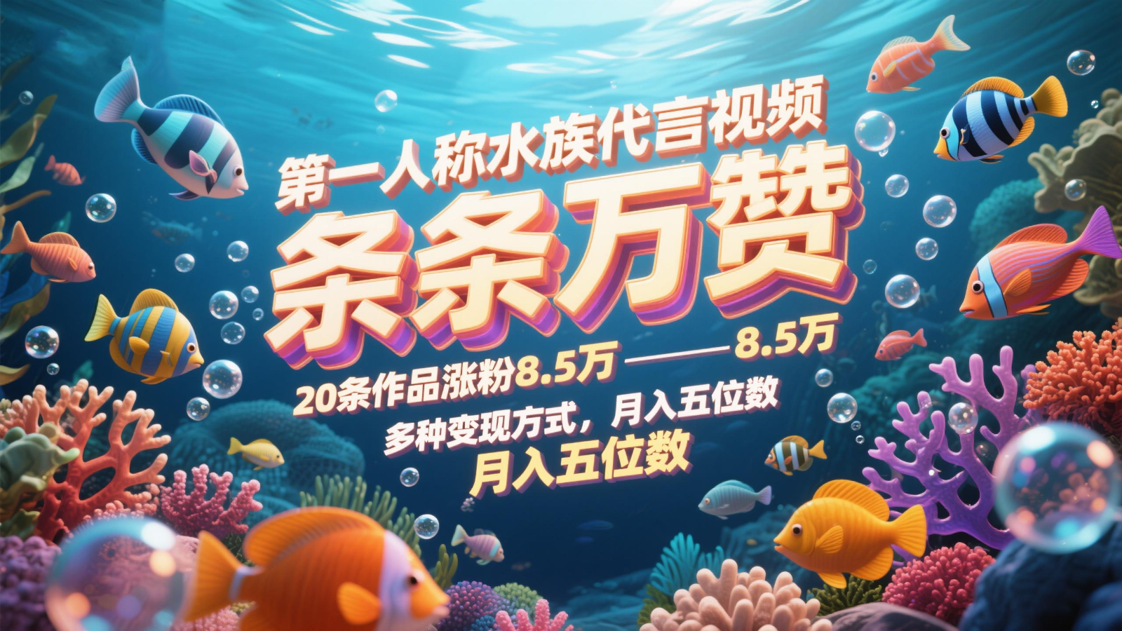 第一人称水族代言视频，条条万赞，20条作品涨粉8.5万，多种变现方式月，入五位数-小鹏项目网