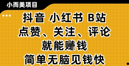 小而美的项目，抖音小红书B站视频点赞、关注、评论就能挣钱，简单无脑立见收益，妥妥的零撸项目【揭秘】-小鹏项目网