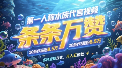 第一人称水族代言视频，条条万赞，20条作品涨粉7.8W，多种变现方式月入五位数-小鹏项目网