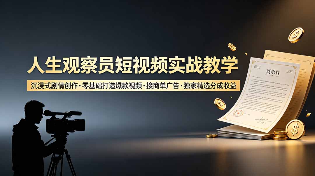 人生观察员短视频实战教学，沉浸式剧情创作，零基础打造爆款视频，接商单广告，独家精选分成收益-小鹏项目网