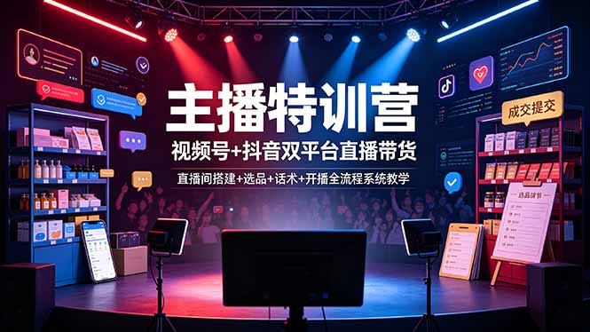主播特训营：视频号+抖音双平台直播带货，直播间搭建+选品+话术+开播全流程系统教学-小鹏项目网