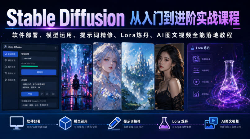 Stable Diffusion从入门到进阶实战课程|软件部署、模型运用、提示词精修、Lora炼丹、AI图文视频全能落地教程-小鹏项目网