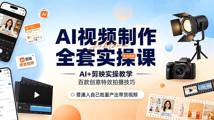 AI视频制作全套实操课,多款AI工具搭配剪映教学,百种特效运镜拍摄实操,抖音账号带货运营全覆盖-小鹏项目网