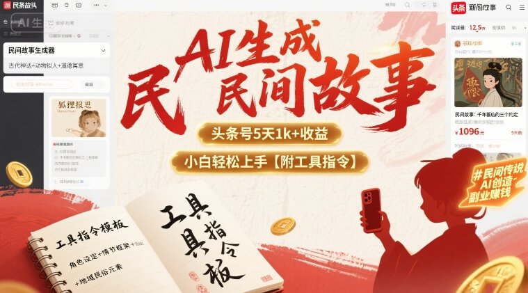 AI生成民间故事，头条号5天1k+，小白轻松上手【附工具指令】-小鹏项目网