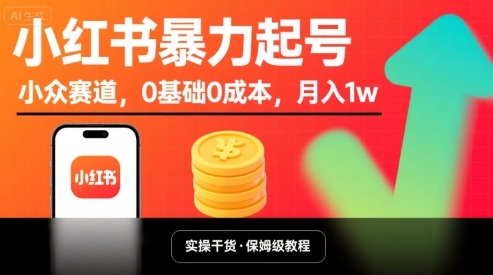 小红书暴力起号，小众赛道，0基础0成本，月入1w-小鹏项目网