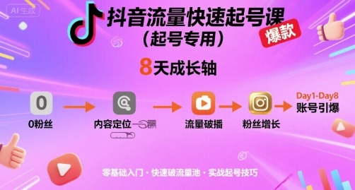抖音流量快速起号课(起号专用)，8天带你做爆自己的账号-小鹏项目网
