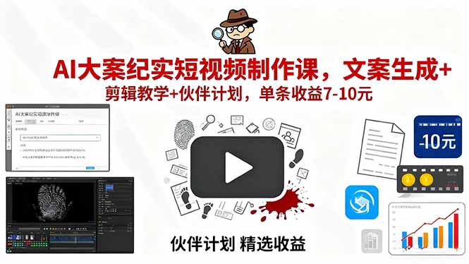 AI大案纪实短视频制作课，文案生成+剪辑教学+伙伴计划，单条收益7-10元-小鹏项目网