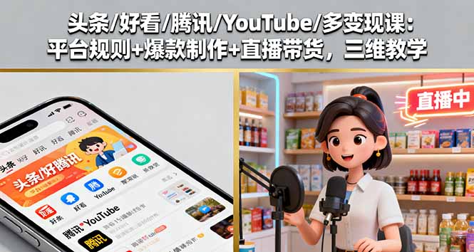 头条/好看/腾讯/YouTube/多变现课：平台规则+爆款制作+直播带货，三维教学-小鹏项目网