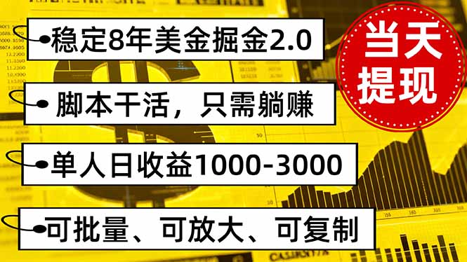 稳定8年美金掘金2.0脚本干活，只需躺赚。单人日收益1000-3000可批量、...-小鹏项目网