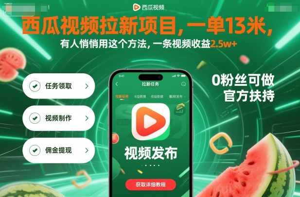 西瓜视频拉新项目，一单13米，有人悄悄用这个方法，一条视频收益2.5w+(附详细教程)-小鹏项目网