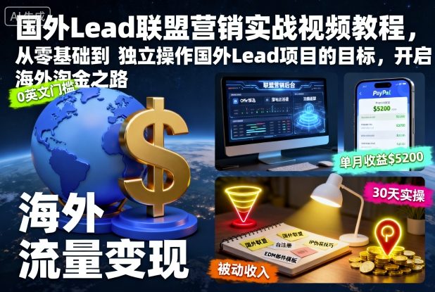 国外Lead联盟营销实战视频教程，从零基础到独立操作国外Lead项目的目标，开启海外淘金之路-小鹏项目网