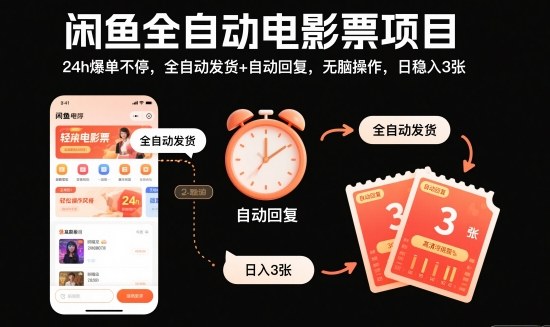 闲鱼全自动电影票项目，24h爆单不停，全自动发货+自动回复，无脑操作，日稳入3张【揭秘】-小鹏项目网