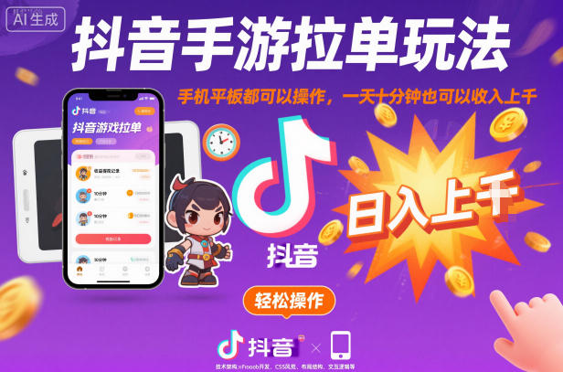 抖音手游拉单玩法，手机平板都可以操作，一天十分钟也可以收入上K【揭秘】-小鹏项目网