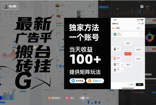 最新广告平台搬砖挂G，独家方法，一个账号，当天收益100+，提供矩阵玩法【揭秘】-小鹏项目网