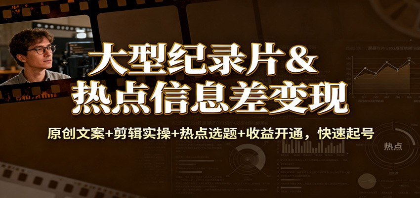 大型纪录片&热点信息差变现：原创文案+剪辑实操+热点选题+收益开通，快速起号-小鹏项目网