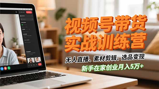 视频号带货实战训练营，无人直播、素材剪辑、选品变现，新手在家创业月入5万+-小鹏项目网