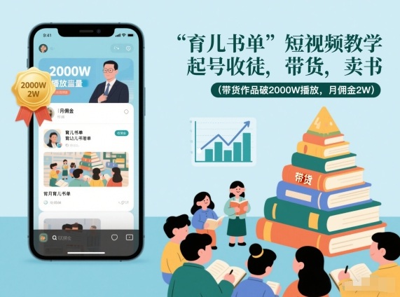 育儿书单短视频教学，起号收徒，带货，卖书(带货作品破2000W播放，月佣金2W)-小鹏项目网