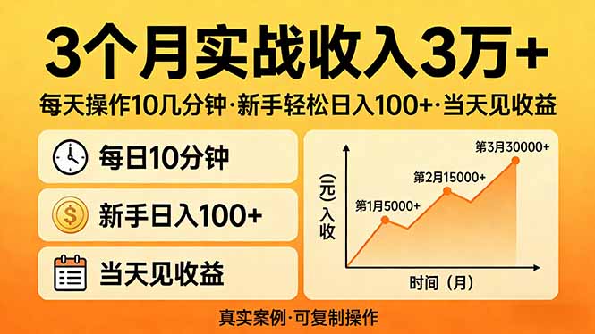 3个月实战收入3万+，每天操作10几分钟，新手轻松日入100+，当天见收益-小鹏项目网