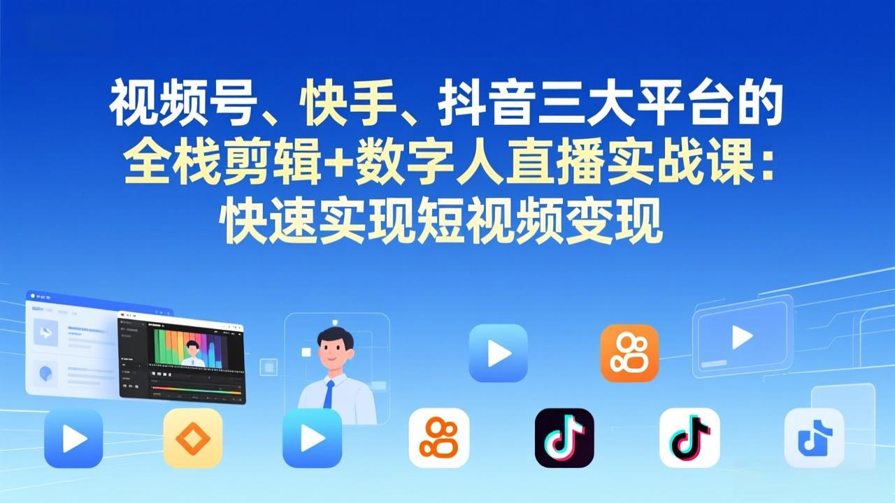 视频号+快手+抖音三大平台的全栈剪辑+数字人直播实战课-3月更新：快速实现短视频变现-小鹏项目网