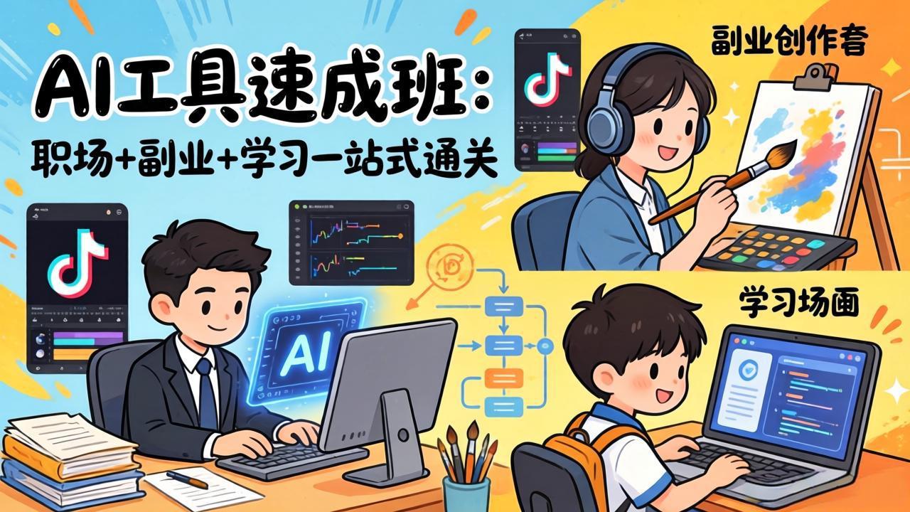 AI工具速成班：职场+副业+学习一站式通关，20+爆款类型+剪映技巧+抖音算法，0基础快速上手-小鹏项目网