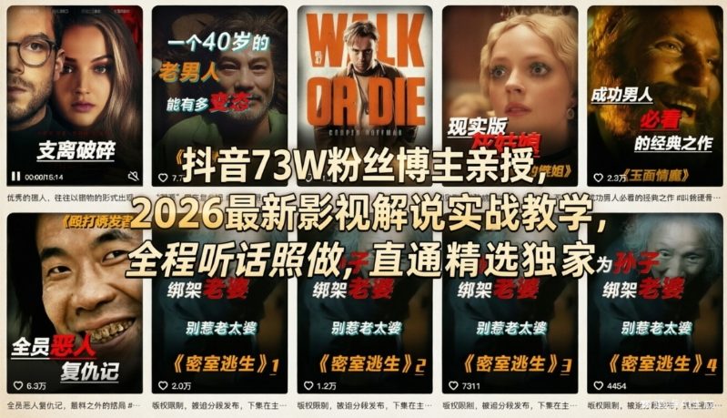 抖音73W粉丝博主亲授，2026最新影视解说实战教学，全程听话照做，直通精选独家-小鹏项目网