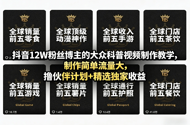 抖音12W粉丝博主的大众科普视频制作教学，制作简单流量大，撸伙伴计划+精选独家收益-小鹏项目网
