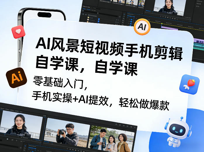 AI风景短视频手机剪辑自学课，零基础入门，手机实操+AI提效，轻松做爆款-小鹏项目网