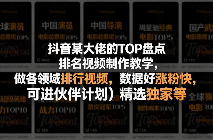 抖音某大佬的TOP盘点排名视频制作，做各领域排行视频，数据好涨粉快，可进伙伴计划＋精选独家等-小鹏项目网