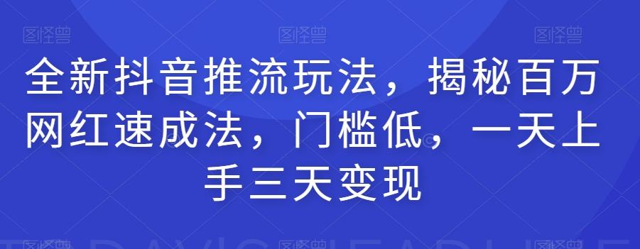 全新抖音推流玩法，揭秘百万网红速成法，门槛低，一天上手三天变现-小鹏项目网