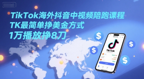 TikTok海外抖音中视频陪跑课程，TK最简单挣美金方式，1万播放挣8刀-小鹏项目网
