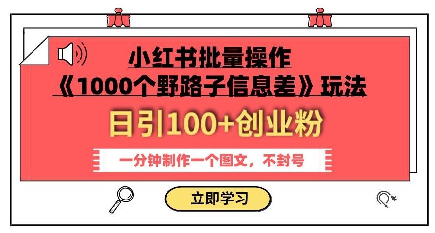 小红书批量操作《1000个野路子信息差》玩法，一分钟制作一个图文，不封号，日引100+创业粉-小鹏项目网