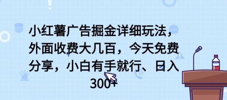 小红薯广告掘金详细玩法，外面收费大几百，小白有手就行，日入300+【揭秘】-小鹏项目网