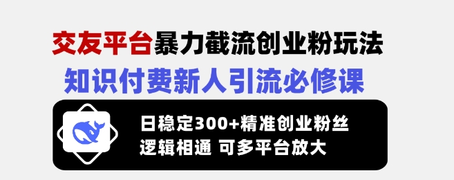 交友平台暴力截流创业粉玩法，知识付费新人引流必修课，日稳定300+精准创业粉丝，逻辑相通可多平台放大-小鹏项目网