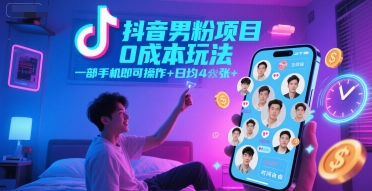 抖音男粉项目0成本玩法，一部手机即可操作，日均4张+，时间自由-小鹏项目网
