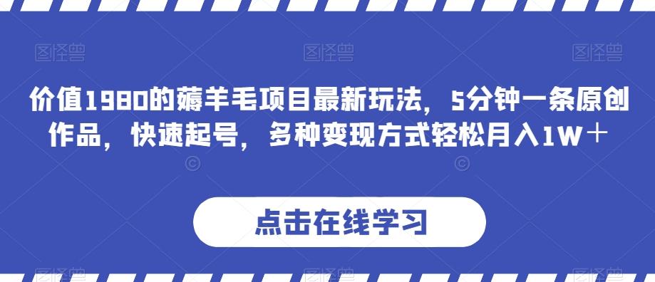 价值1980的薅羊毛项目最新玩法，5分钟一条原创作品，快速起号，多种变现方式轻松月入1W＋【揭秘】-小鹏项目网