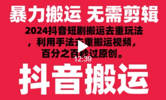 2024最新抖音搬运技术，抖音短剧视频去重，手法搬运，利用工具去重，达到秒过原创的效果【揭秘】-小鹏项目网