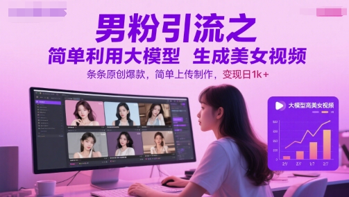 男粉引流之简单利用大模型生成美女视频，条条原创爆款，简单上传制作，变现日1k+-小鹏项目网