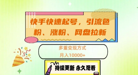 快手快速起号，引流s粉、涨粉、网盘拉新多重变现方式，月入1w【揭秘】-小鹏项目网