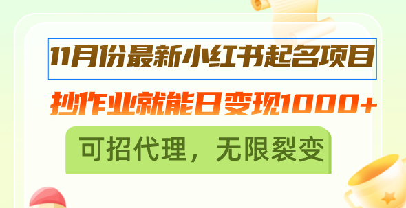 11月份最新小红书起名项目，抄作业就能日变现1000+，可招代理，无限裂变-小鹏项目网