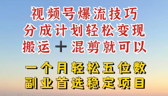 视频号爆流技巧，分成计划轻松变现，搬运 +混剪就可以，一个月轻松五位数稳定项目【揭秘】-小鹏项目网