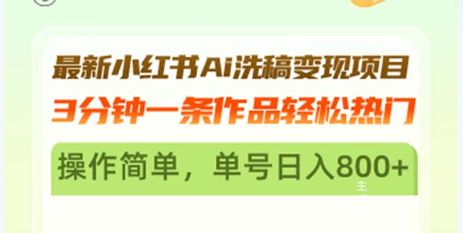 最新小红书Ai洗稿变现项目 3分钟一条作品轻松热门 操作简单，单号日入800+-小鹏项目网