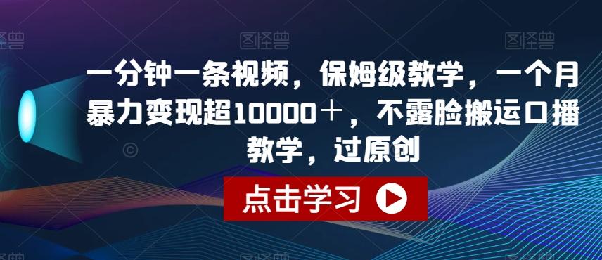 一分钟一条视频，保姆级教学，一个月暴力变现超10000＋，不露脸搬运口播教学，过原创-小鹏项目网