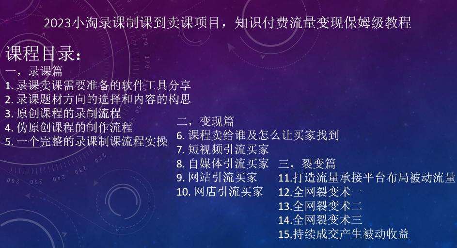 2023小淘录课制课到卖课项目，知识付费流量变现保姆级教程-小鹏项目网