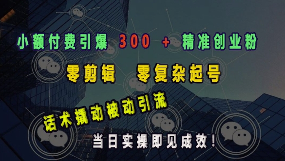 小额付费引爆 300 + 精准创业粉，零剪辑、零复杂起号，话术撬动被动引流，当日实操即见成效-小鹏项目网