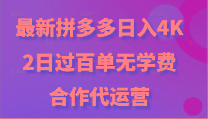 最新拼多多，日入4K+，2日过百单无学费，合作代运营-小鹏项目网